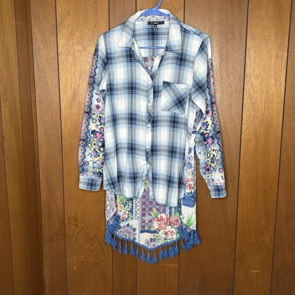 ANDREE BY UNIT Tops - Andree by Unit Boho Tunic Top M Blue Plaid‎ Floral Embroidered Patchwork Tassels